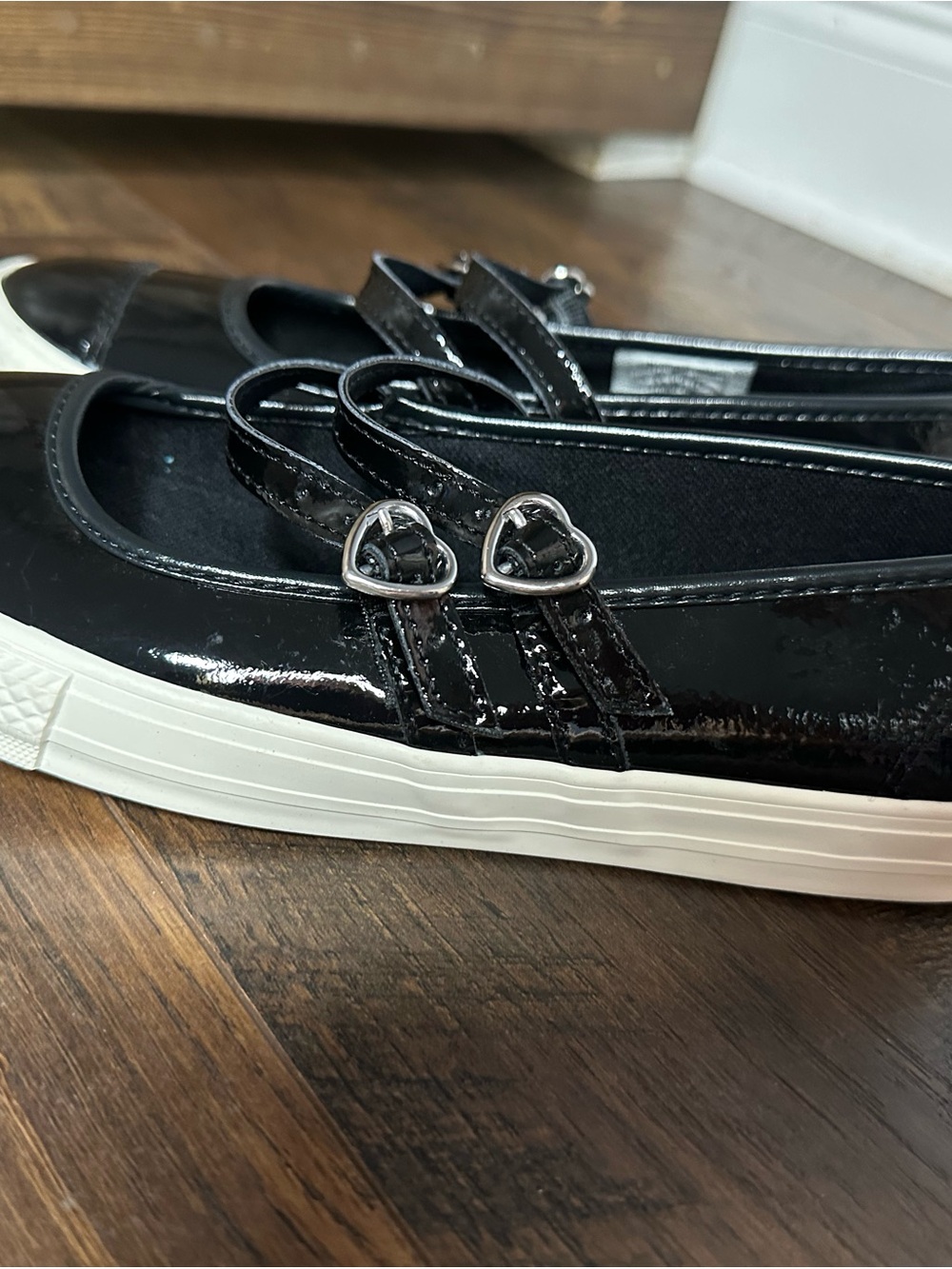 Converse Black Patent Mary Jane Flats with Silver Heart Buckles